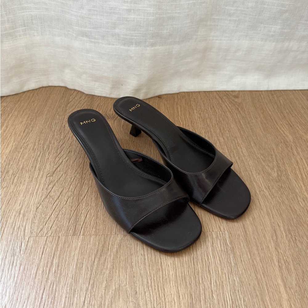New Mango Chocolate Brown Leather Square-Toe Slip-On Mules